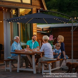 HAPPYGRILL 10FT Offset Umbrella Solar Powered Cantilever Umbrella with 112 LED Lights, Tilt Design, Crank Handle, Cross Base Stand, Outdoor Patio Hanging Market Umbrella for Pool Garden Yard Deck