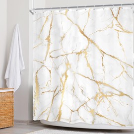 Newsely White and Gold Marble Shower Curtain 72Wx84H Inch Abstract Modern Crack Luxury Texture Ink Liquid Geometric Shower Curtain Bathroom Set Unique Waterproof Bath Decoration Accessories Home Decor
