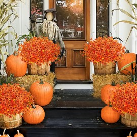 MARTINE MALL 12 Pcs Artificial Flowers for Outdoors, Fake Mums, Fall Flowers Faux Mums Outdoor Faux Fall Plants UV Resistant Silk Plastic Flower for Thanksgiving Outdoor Indoor Porch Decor (Orange)