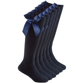ITRAT® 3 Pairs Girls Knee High Cotton Socks Fluffy Ribbons Bow Back to School Socks Uniform Wear Socks Stocking Girls Bow Knee High Kids School Sock (12-3 Navy)