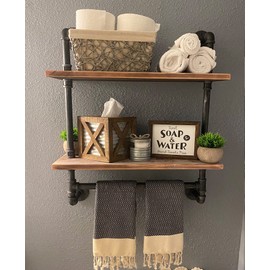 SSS Furniture Industrial Pipe Shelving Bathroom Floating Shelves Wall Mounted, 2 Tier 24 inch Rustic Wood Shelf with Towel Bar, Farmhouse Towel Rack Bathroom Shelf Over Toilet