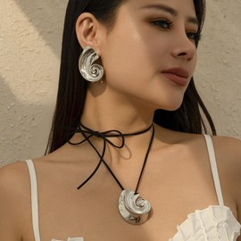 Gold Starfish Sea Shell Conch Pendant Necklace and Earrings Bracelet Set Oversized Shells Conch Sea Star Necklace Chunky Conch Stud Earrings Summer Beach Trendy Stuff (silver conch neckalce earrings black chain)