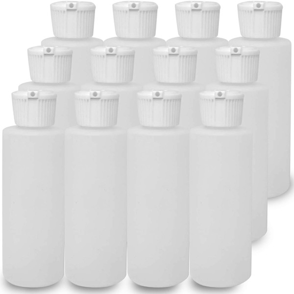 Romeriza Empty Cylinder Plastic Bottles with Flip Cap - Durable Refillable Plastic Squeeze Travel Size Bottles for Face Cream, Liquid Hand Soap, Massage Oil - 12 Pack, (2 Oz)
