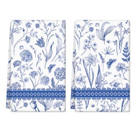 Puwurak Chinoiserie Floral Kitchen Towels 2 Pack Blue White Flowers Absorbent Hand Towels 15.7 x 23.6 Inch Decorative Dish Towels for Home Farmhouse Kitchen