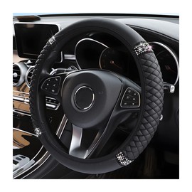 Bling Soft Leather Steering Wheel Cover Protector, 15 Inch Colorful Rhinestones Auto Elastic, Sparkly Crystal Diamond for Women Girls, Car Interior Accessories for Most Cars (Black)
