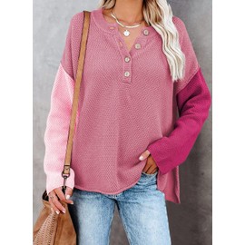 Pink Queen Fall Outfits Oversized Sweaters for Women Casual V Neck Oversized Knit Sweaters Tops Rose Color Block S