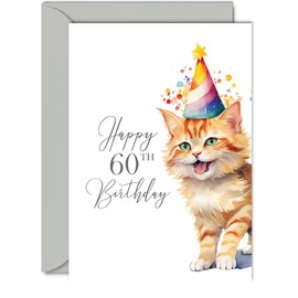 60th Birthday Cards for Men Women - Party Cat Kitten - Happy Birthday Card for 60 Year Old Man Woman Grandad Nan Grandma Dad Mum Uncle Auntie Cousin, A5 Bday Greeting Cards