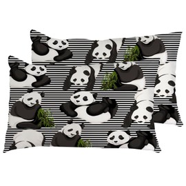 CHIGUA Set of 2 Long Throw Pillow Cases Cozy Cushion Cover Durable Polyester Fabric Washable Machine Home Decor for Couch Bedroom Car Pandas Bamboo on Black White Stripes 16x24in