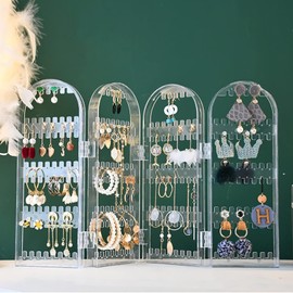 Organizador de aretes Soporte para pendientes de acrílico Organizador de aretes de tuerca con 128 ranuras, 240 agujeros redondos, 4 puertas plegables, Para pendientes, pulseras, collares