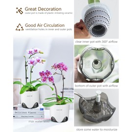 Meshpot 6 inch Orchid Pots with Holes for Repotting with Excellent Airflow, Set of 2, Double Layer Plastic Imitate Ceramic Orchid Planter, Clear Orchid Pot Match Decorative Orchid Container