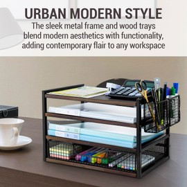 MyGift Urban Modern Black Metal Desk Organizer with 3 Tier Burnt Solid Wood Paper File Letter Trays, Office Supplies Storage Drawer and 2 Pen Holder Baskets