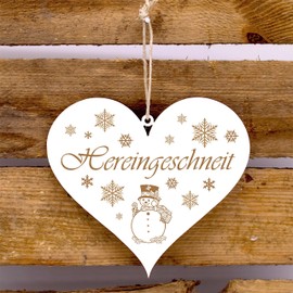 Hereingeschneit Heart Welcome Door Sign Wood Engraved with Snowman Snowflakes Motif 13 x 12 cm