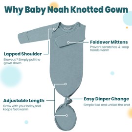 Baby Noah Newborn Knotted Gown for Boy Girls, Newborn Coming Home From Hospital Outfit, Baby Tie Gown Nightgown Grey Blue