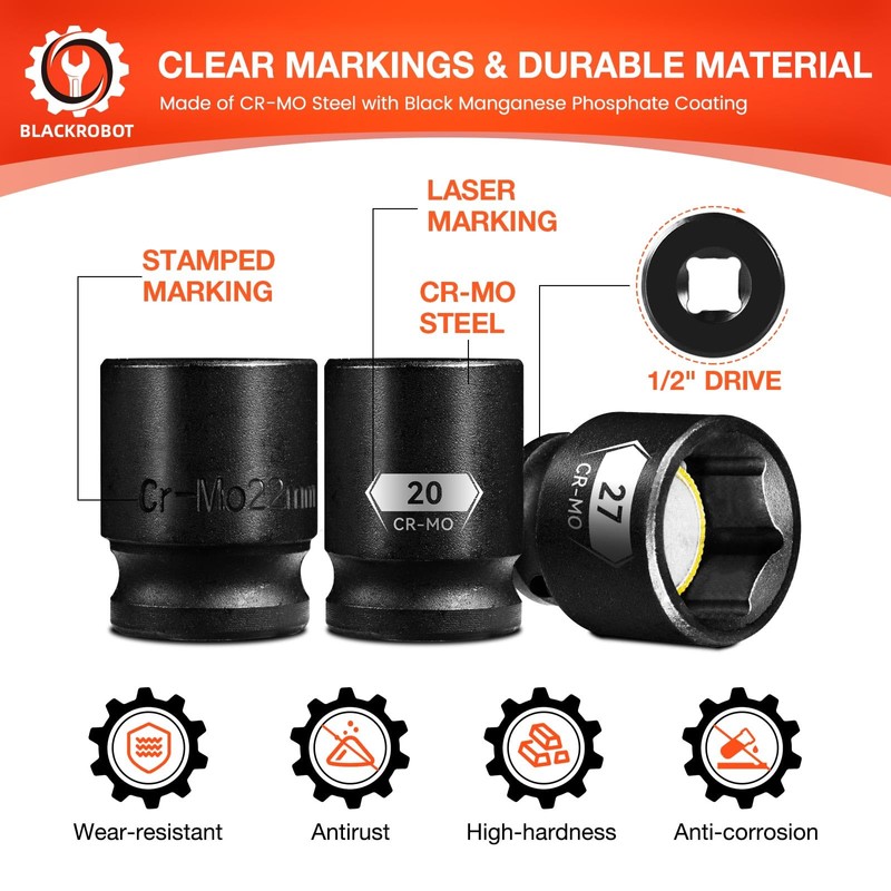 BLACKROBOT 1/2" Drive Magnetic Impact Socket Set, 15-Piece Shallow Socket