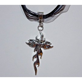 Flaming Cross Necklace - 90s Grunge Inspired Fire & Crux Silver Tone Pendant on 16-18" Black Ribbon Choker