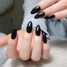 Black Nail Stickers: Almond Color 30 Packs Of Long-shaped, Slender-shaped And Sticky Stickers - Women's Black Nail Set