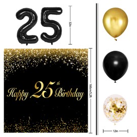 Happy 25th Birthday Balloons Black Set Decor - Cheers to 25 Years Old Party Theme Garland Banner Backdrop Decorations For Women and Men Supplies