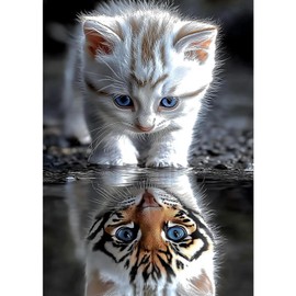 DAERLE DIY Diamond Painting Tiger Reflection of a Kitten, Diamond Painting Adult Cat and Tiger, 5D Diamond Painting Pictures, Mosaic Making Craft Set for Home, Wall Decoration, 30 x 40 cm