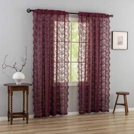 YJ YANJUN Burgundy Sheer Curtains 90 Drop Pair for Doors Vintage Maroon Lace Net Curtains with Scalloped Edges Chic Floral Voile Panels for Living Room132cm Width x 229cm Drop (52"x 90") Maroon