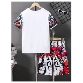 RoseSeek COZYEASE Boy's 2 Piece Graphic Tees and Shorts Set Summer Casual Crew Neck Short Sleeve Outfits White and Red 11 Years
