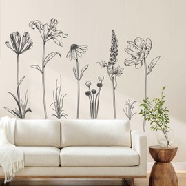 Boho Black Flower Wall Decals Simple Sketch Wildflower Floral Wall Stickers for Girls Bedroom Living Room Bathroom Office Adult Home Decor