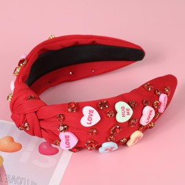 Gmmidea Valentine’s Day Headband for Women Candy Love Conversation Heart Headband Jeweled Beaded Heart Knotted Headband Sparkly Red Pink Rhinestone Hairband Valentines Accessories Gifts