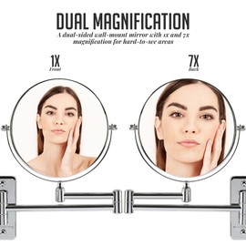 OVENTE 7" Wall Mounted Makeup Mirror with 1X/7X Magnification, Double Sided Magnifying Round Bathroom Vanity Mirror, 360° Swivel Design, Extendable and Folding Arm, Polished Chrome MNLFW70CH1X7X
