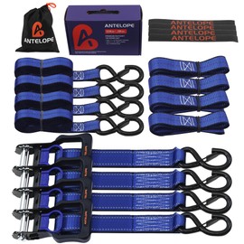 A ANTELOPE Ratchet Tie Strap Set of 4-2100 LBS Breaking Strength, 1" x 15' Ratchet Straps with 4 Soft Rings, Coated S-Hooks, and Soft Padded Handle for Secure Motorcycles, Trucks, Trailers (Blue)