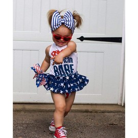 Infant Baby Girl 4th of July Outfit Sleeveless Romper Top American Flag Ruffle Shorts Headband Independence Day Clothes (White, 0-6 Months)