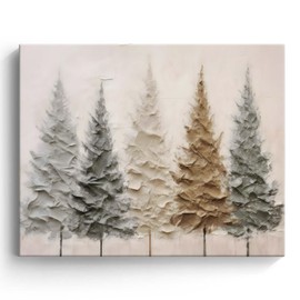 Christmas Canvas Wall Art Decor - Neutral Toned Winter Pine Trees Painting, Minimalist Textured Artwork for Living Room, Bedroom or Office - Seasonal Holiday Decor Gift - Modern Wall Art 16X20 inch