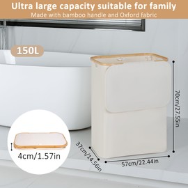 iEGrow 150L Laundry Basket with Lid, Large Laundry Hamper with Bamboo Handle, Collapsible Dirty Clothes Hamper Organizer with Removable Inner Bag for Clothes Toys Towels -Beige