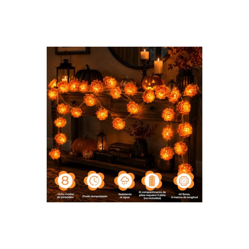 Guirnalda de Cempasúchil LED, 4.5 Metros, 30 Luces, 30 Flores