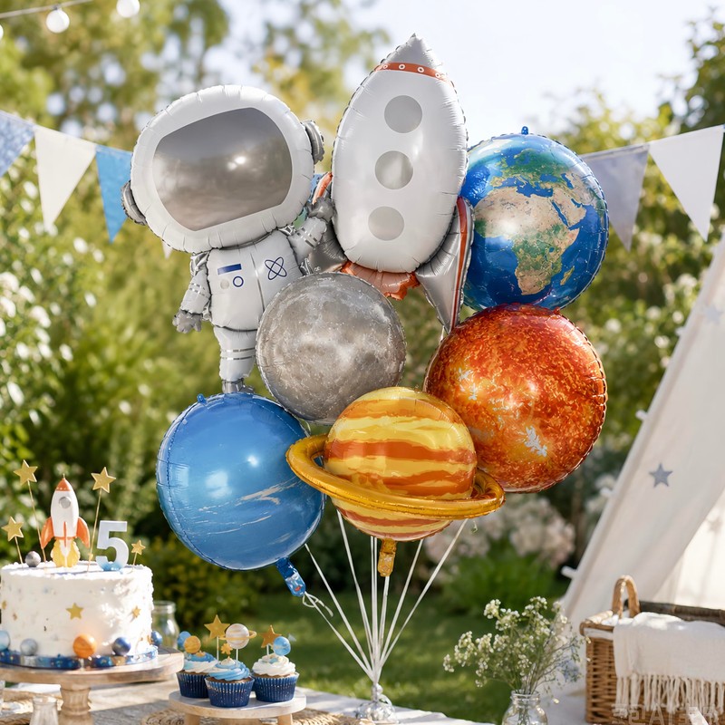 7Pcs Astronaut Rocket Balloons/Outer Space Birthday Party Decor with 4D