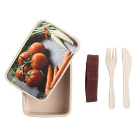 Fabulous Lunch Box Lunch Box with Cutlery, Rosary, Tomatoes and Two Carrot Boots, Orange and White, Vegetables, Healthy, Vegan, Miam, 700ml