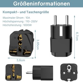 VIEVRE Pack of 2 Travel Adapters, Universal Adapter, China Germany Plug, Universal EU Adapter, Plug Adapter, Adapter Socket for USA, UK, Thailand, Switzerland, China, Italy, etc., Black