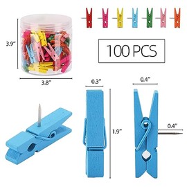 100 pines con clips de madera coloridos clips de empuje, pasadores decorativos para obras de arte de tablero de corcho