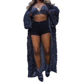 Vaceky Denim Duster Cardigans Women Y2K Distressed Lightweight Ripped Jean Long Jackets