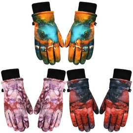 Bencailor 3 Pairs Kids Winter Gloves Waterproof Snow Ski Gloves Warm Windproof Adjustable Mittens for Boy Girl Outdoor(6-10 Years,Red Green, Pink, Blue Green)