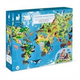 Janod 200 Piece World Atlas Floor Puzzle with Endangered Animal Figures - Ages 6+ - J02676