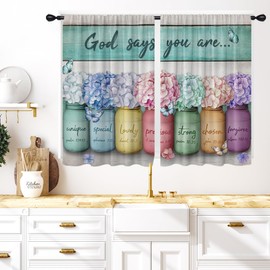 Coxila Teal Floral Kitchen Window Curtains 27.5x39 Inch Small Short Mini Cafe Rod Pocket Vintage Flower Rustic Country Farmhouse Living Bedroom Room Home Treatment Set of 2 Curtain Panels Drapes Tiers