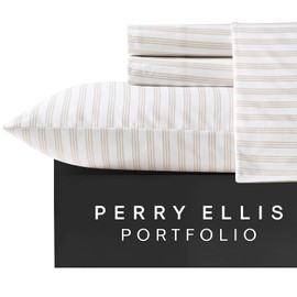 Perry Ellis Portfolio - Sheet Set, Wrinkle Resistant Bedding with Matching Pillowcases, Lightweight & Breathable Sheets, Dorm Room Essentials, Striped Home Decor (Sydney White/Taupe, Queen)