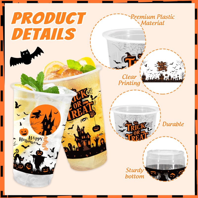 50Pcs 16Oz Halloween Plastic Cups Trick or Treat Witch Castle