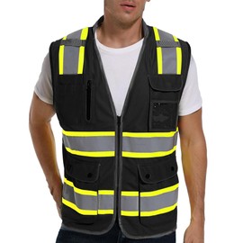 ArcRidge Reflective Safety Vest for Men and Women - Dual Tone Strips Class 2 High Visibility Construction Vest (Black, Large)