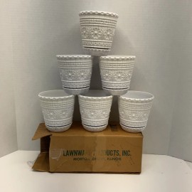Lawnware NOS Box Of 6 LAWNWARE White Plastic Flower Pots w Saucers Light Lamp Crafts 5"