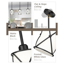 Osimir Glass Pendant Lights Kitchen Island, 2 Pack Modern Black Pendant Light Fixtures with Frosted Glass and Rod, Mid Century Cage Pendant Light for Kitchen Sink Dining Room, CH9176BKW-2PK