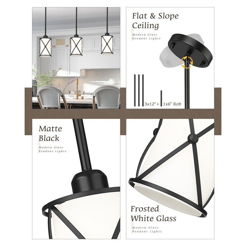 Osimir Glass Pendant Lights Kitchen Island, 2 Pack Modern Black