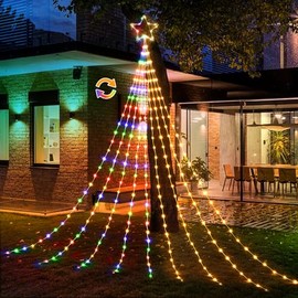 Christmas Decorations Star String Lights - 344 LED 11.8ft 9 Strands Waterfall Tree Lights with Topper Star, 8 Lighting Modes Indoor Outdoor Lights for Wedding Yard Party Home, Warm White & Multicolor