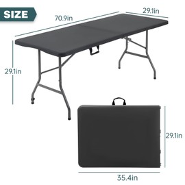 FDW 6 Foot Outdoor Dining Table, Foldable Portable Rectangular Plastic Folding Table with Built in Carrying Handle for Party and Wedding Use, Black