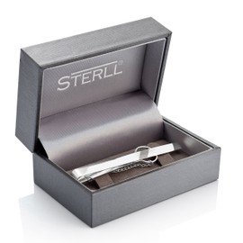 STERLL Mens Sterling Silver Shiny Oxidised Stripe Tie Clip Pin Gift Box Small Gifts, Leather