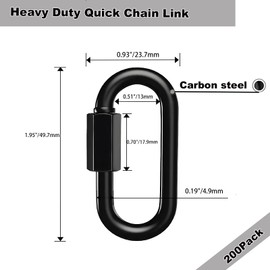 200-Pack Black M5 Galvanized Quick Links – Heavy Duty Chain Connectors, 650 LB Capacity – Oval Locking Carabiner for Hammocks, Swings, Shade Sails